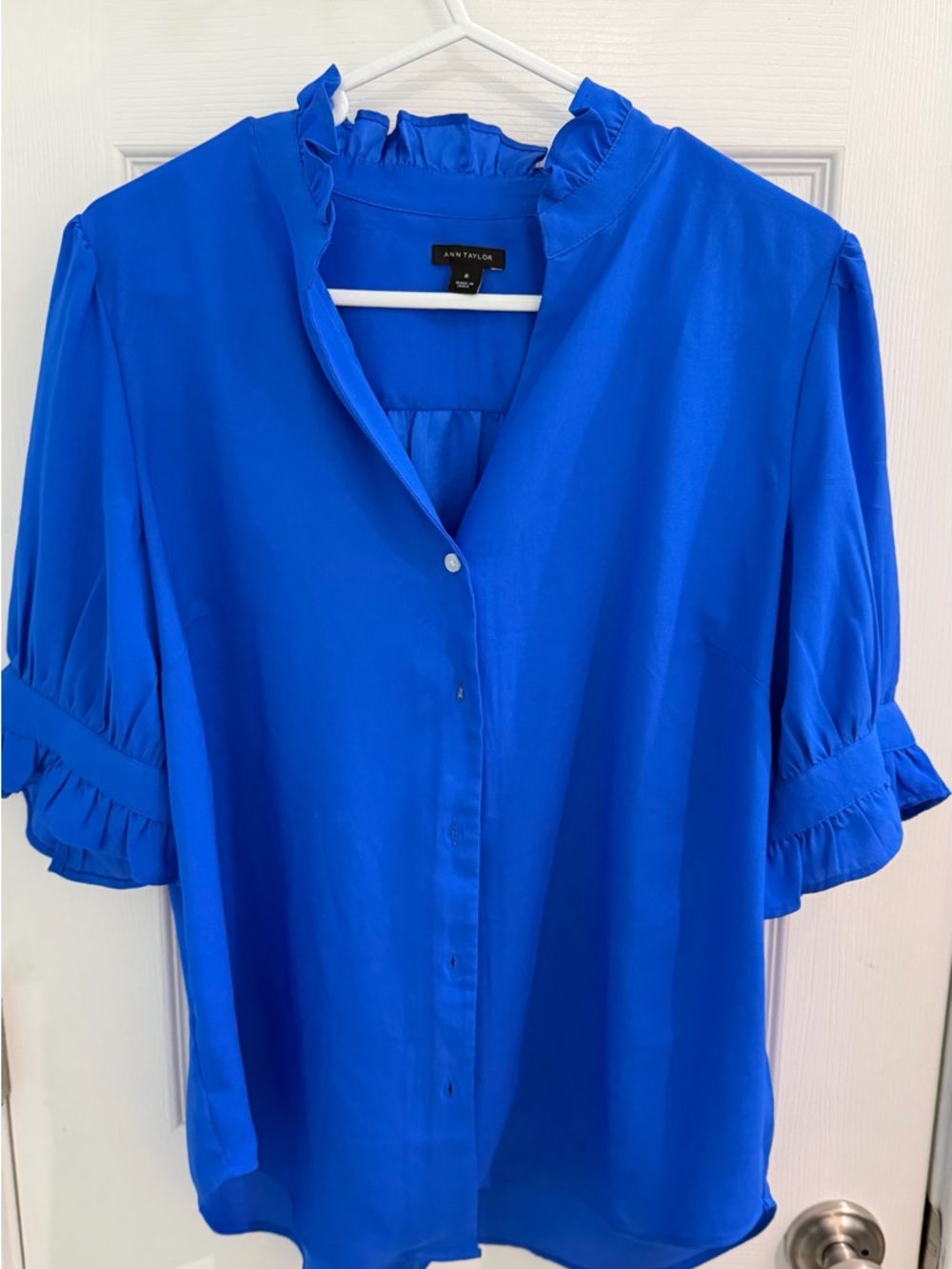 Ann Taylor Royal Cobalt Blue Ruffle-Trim Button Front Blouse